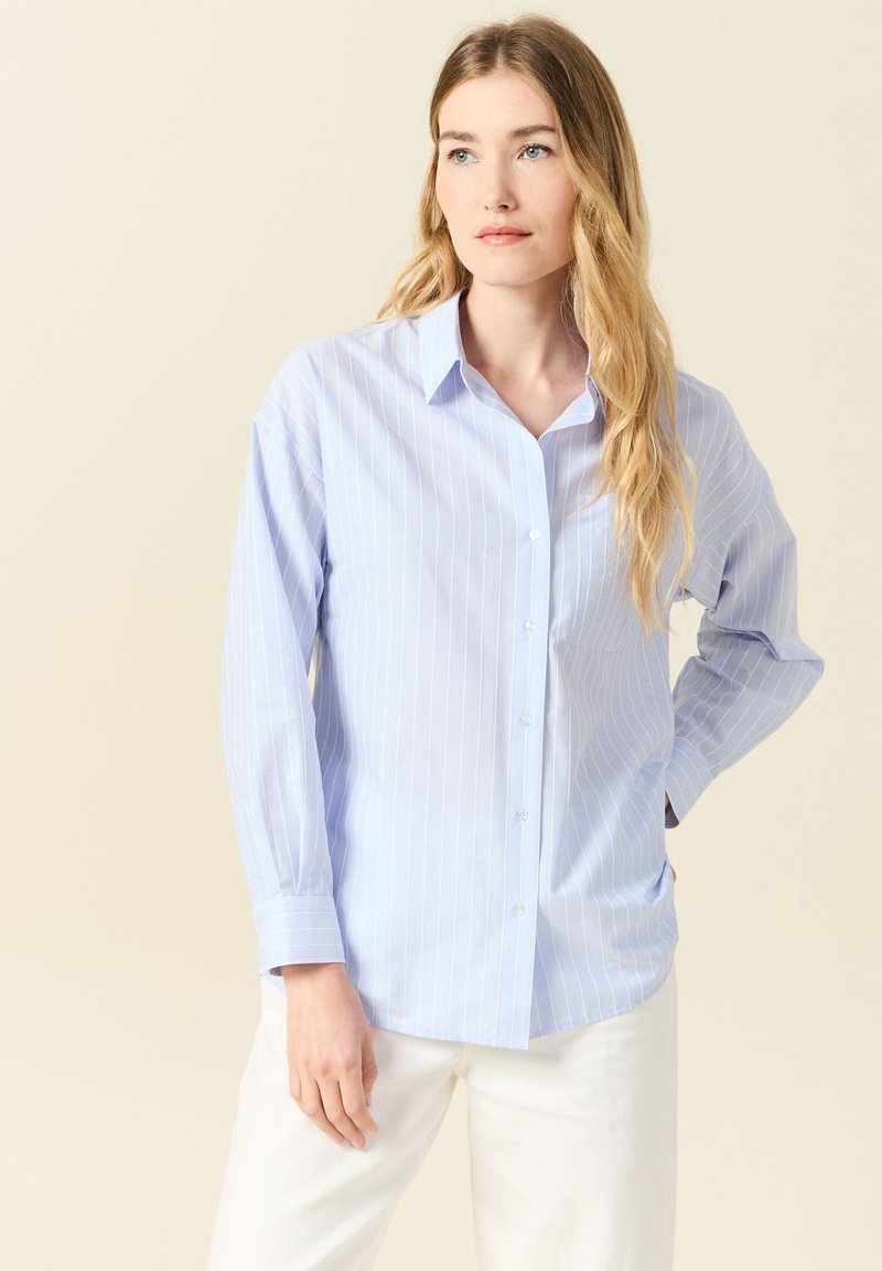 Camicia azzurra chiaro con strisce bianche verticali, dotata di colletto classico, maniche lunghe e una tasca sul petto. Tessuto morbido e texturizzato.