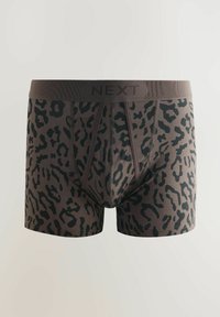 Brown boxer briefs with a black leopard print. The waistband features the brand "NEXT" in a matching color. Soft, stretchy fabric.