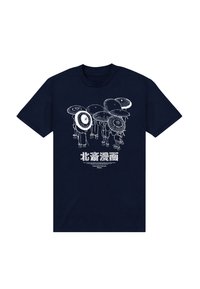 Námořnická modrá bavlněná tričko s bílým grafickým designem sedmi hub s deštníky. Text dole v japonštině a angličtině.