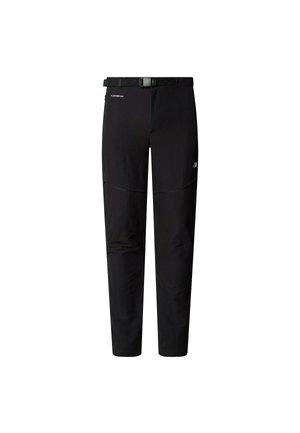 Black outdoor pants with a belt, made of lightweight fabric. Features knee panels, a slim fit, and subtle branding on the front and back.