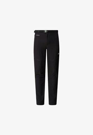Black outdoor pants with a belt, made of lightweight fabric. Features knee panels, a slim fit, and subtle branding on the front and back.