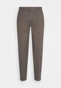 Schlanke braun und schwarze karierte Hosen mit einem Bund, Knopfverschluss und seitlichen Taschen, präsentiert auf einem weißen Hintergrund.