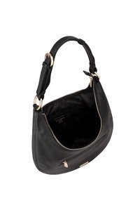 Zwarte leren schoudertas met een ronde vorm, voorzien van een ritssluiting in goudkleur, een verstelbare strap en een gestructureerde buitenkant. Binnenin is het donker.