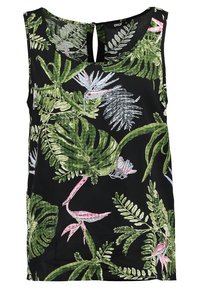 Haut sans manches noir avec imprimé de feuilles tropicales vertes et oiseau-fleur rose, fermeture goutte d'eau au niveau de l'encolure arrière.