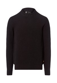 Zwarte gebreide trui met een ronde halslijn, een textuurpatroon en geribbelde manchetten en zoom. Beschikt over een klein logo aan de zijkant.