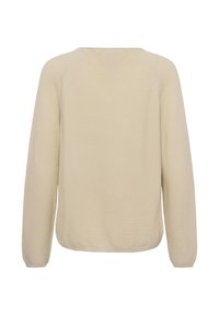 Pull en tricot beige à manches longues, col rond et texture côtelée. Présente une coupe décontractée et un design d'épaule sans couture.