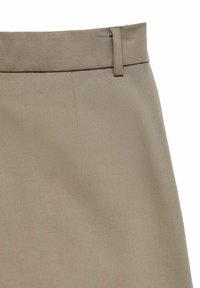 Beige skræddersyede bukser med en glat tekstur, fladt linning og subtile syningsdetaljer, der viser et lige snit.