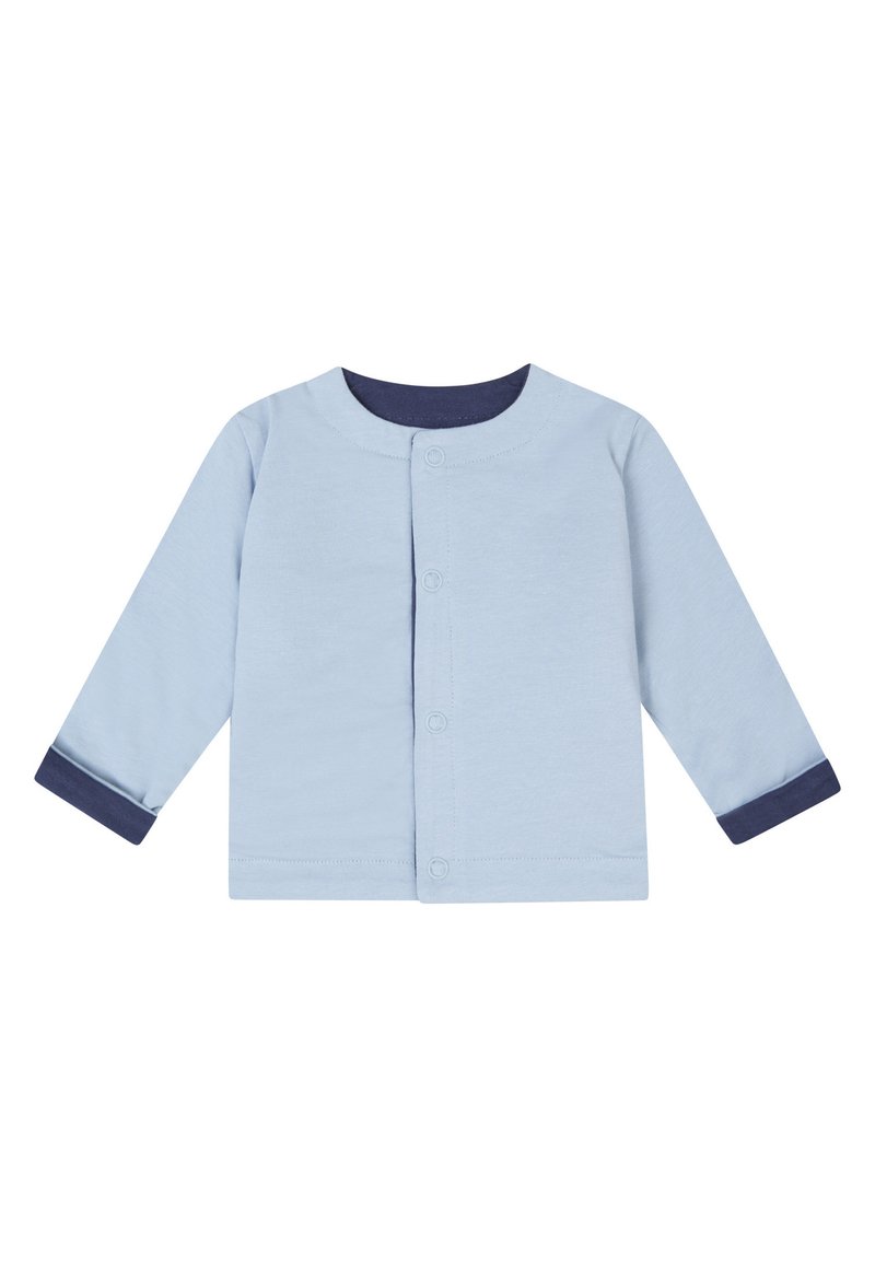 Ljusblå långärmad skjorta med rund hals och marinblå manschetter. Framtida knappstängning; mjukt bomullstyg; enkel, odekorerad design.