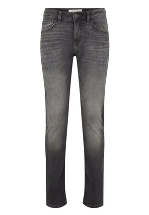 Jean slim homme en denim noir délavé avec poches avant, passants de ceinture et fermeture par bouton à la taille.