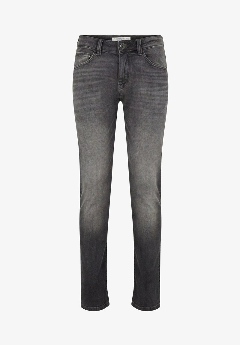 Jean slim homme en denim noir délavé avec poches avant, passants de ceinture et fermeture par bouton à la taille.