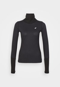 Maglia atletica nera a maniche lunghe con colletto alto. Presenta un design aderente, una texture morbida e un piccolo logo bianco sul petto.