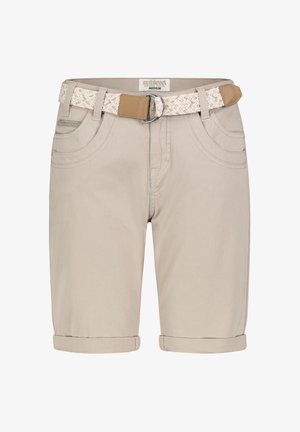 Beige cotton shorts with rolled hems, featuring a textured braided belt in white and beige, and two front pockets with curved stitching.
