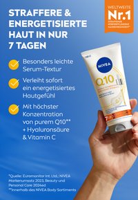 NIVEA Q10 Körperserum in einer weißen Tube mit blauen und orangefarbenen Akzenten, das eine glatte Textur und einen transparenten Deckel aufweist. Der Text hebt die wichtigsten Vorteile hervor.