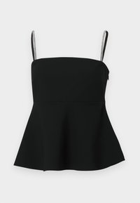Czarny top peplum z cienkimi regulowanymi ramiączkami i srebrnymi akcentami. Wykonany z gładkiego materiału, posiada dopasowany korpus i rozszerzający się dół.