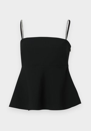 Zwarte peplumtop met dunne verstelbare bandjes en zilveren accenten. Gemaakt van gladde stof, met een aansluitend lijfje en uitlopende zoom.