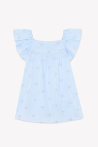 Light blue cotton dress with ruffled sleeves, embroidered hearts, and a loose, flowy fit. Soft texture with a square neckline.