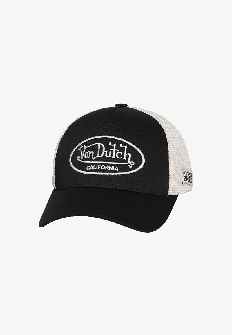 Black and white mesh trucker cap with curved brim, featuring "Von Dutch California" embroidered in white on front panel.