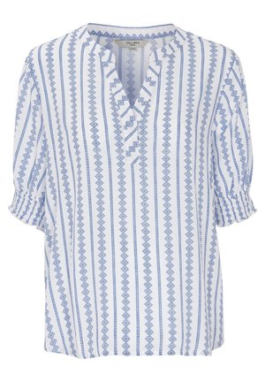 Camicia bianca con righe geometriche blu verticali, scollo a V, maniche arricciate 3/4 e vestibilità larga, taglia 38/40 di Cellbes.