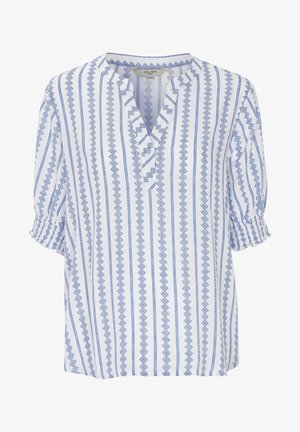 Biała bluzka z pionowymi niebieskimi geometrycznymi paskami, dekolt w serek, marszczone rękawy 3/4 i luźny krój, rozmiar 38/40 marki Cellbes.