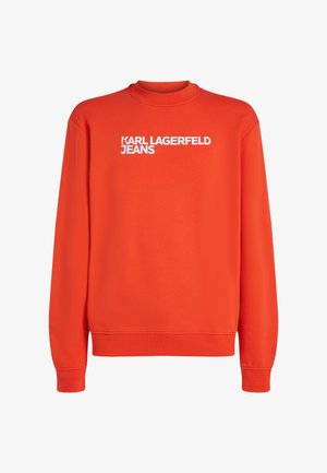 Czerwona bluza z miękkiej bawełny z okrągłym dekoltem, ozdobiona wyraźnym białym logo "KARL LAGERFELD JEANS" na przodzie.