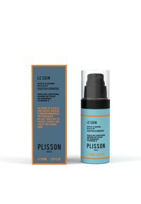 Olio per barba in una bottiglia azzurra chiara con pompa nera. La scatola presenta uno sfondo blu scuro con dettagli arancioni, mostrando le informazioni sul prodotto. Dimensione da 30 mL.