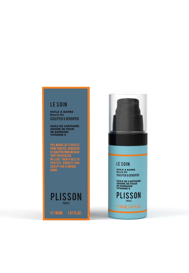 Olio per barba in una bottiglia azzurra chiara con pompa nera. La scatola presenta uno sfondo blu scuro con dettagli arancioni, mostrando le informazioni sul prodotto. Dimensione da 30 mL.