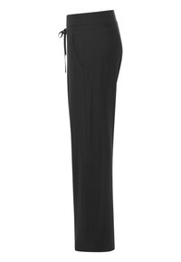 Schwarze Hose mit Kordelzugbund, Seitentaschen, geradem Beinschnitt, glatter Textur und leichtem Stoff. Ideal für Freizeitkleidung.