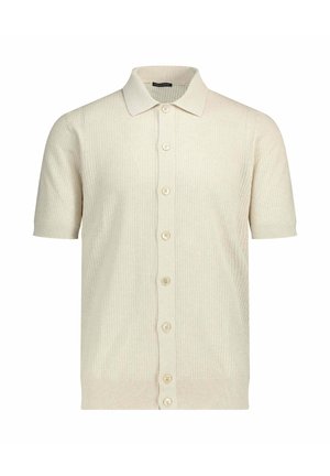 Beige, kortärmelig gebreid vest met kraag en knoopsluiting aan de voorkant.