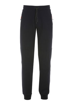 Pantalons de jogging noirs en tissu doux, avec une taille élastique dotée d'un cordon de serrage, des poches latérales, et des poignets côtelés aux chevilles.