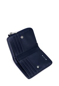 Navy leather wallet with a zip closure, multiple card slots, smooth texture, and a metal logo accent. Interior features a solid color design.