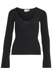 Czarny sweter z prążkowanego dzianiny, z długimi rękawami, głębokim dekoltem w kształcie litery V oraz bocznymi rozporkami przy mankietach, które dodają detali i tekstury.