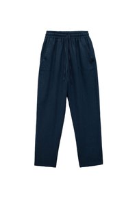 Marineblauwe, lichte, elastische broek met een trekkoord en zijzakken. Rechte pijpdesign met een zachte textuur.