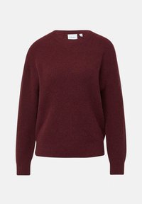 Burgundowy sweter dzianinowy o teksturowanym wykończeniu, z okrągłym dekoltem i długimi rękawami. Posiada luźny krój oraz subtelną metkę z logo na dolnym brzegu.
