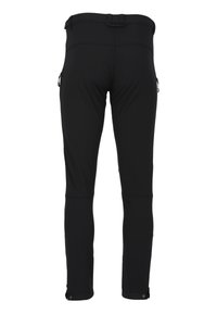 Svarta softshell-byxor med en åtsittande design, justerbart midjeband, dragkedjefickor på sidorna och dragkedjor vid anklarna för ökad funktionalitet.