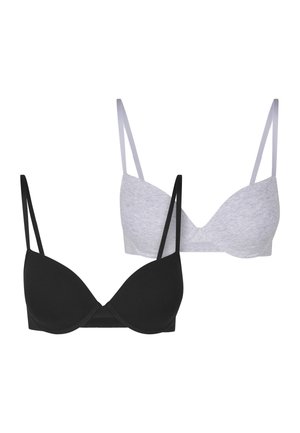 Two women's bras, one black and one light gray, both with thin adjustable shoulder straps and molded cups, displayed on a white background.