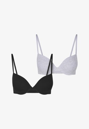 Deux soutiens-gorge pour femmes, un noir et un gris clair, tous deux avec des bretelles fines réglables et des bonnets moulés, présentés sur un fond blanc.