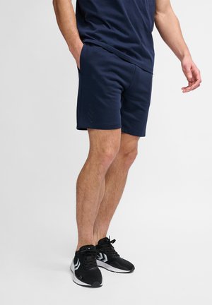 Shorts de sport bleu marine avec une texture lisse, dotés de poches latérales et d'un motif chevron subtil sur la jambe inférieure gauche.