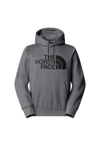 Grijze hoodie met een voorzak, voorzien van een zwart logo op de borst. Gemaakt van zachte stof met ribgebreide boorden.
