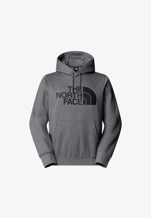 Gray hooded sweatshirt with a front pocket, featuring a black logo print on the chest. Made from soft fabric with ribbed cuffs.