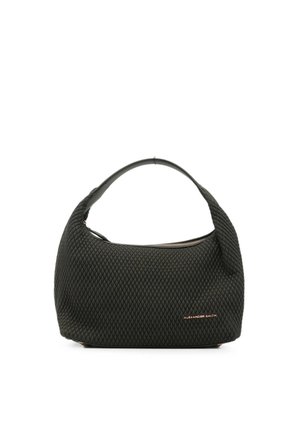 Borsa in tessuto nero strutturato con manico curvo e zip dorata, piccolo logo dorato "Alexander Smith" sulla parte anteriore.