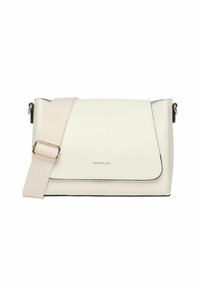 Bolso cruzado color crema con un acabado de cuero suave, herrajes dorados, tapa plegable y correa ajustable. Nombre de la marca "Miriade" visible.