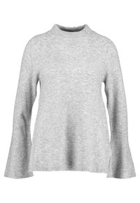 Jasnoszary pulower z wysokim kołnierzem, długimi rozkloszowanymi rękawami i teksturowanym wzorem dzianiny. Boczne rozcięcia u dołu dla dodatkowego stylu.