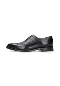 Schwarze Leder-Oxford-Herrenschuhe mit geschlossener Schnürung, Kapzehe und niedrigem Absatz, seitlich auf einem weißen Hintergrund abgebildet.