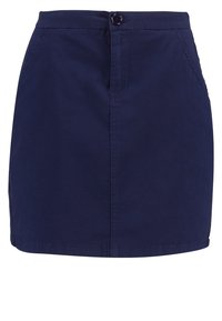 Tmavě modrá bavlněná mini sukně s bočními kapsami, předním zapínáním na knoflík a zip, rovný lem.