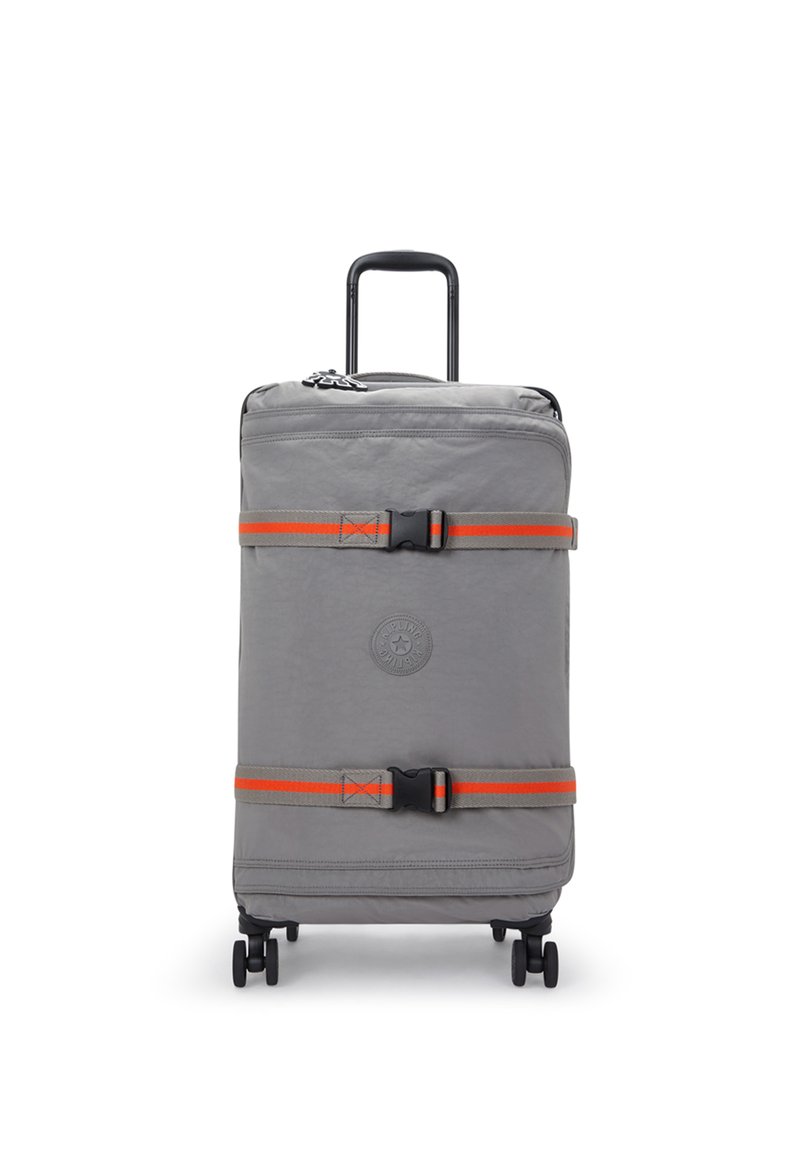 Gray rolling suitcase made of durable material, featuring orange straps, black hardware, a retractable handle, and four wheels for mobility.