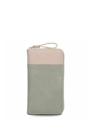 Portafoglio rettangolare con cerniera e cinturino da polso, bicolore in rosa chiaro e verde tenue, superficie in pelle testurizzata.