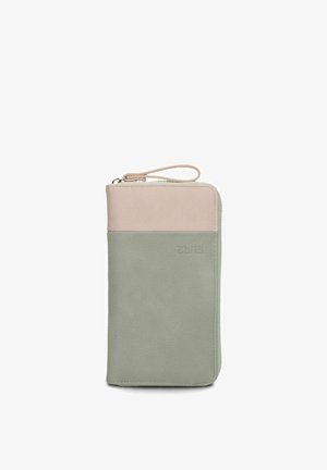 Rectangular zippered wallet with wrist strap, color-blocked in light pink and muted green, textured leather surface.