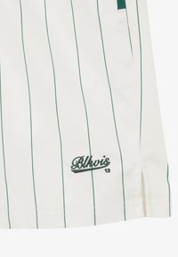 Hvitt stoff med tynne grønne vertikale striper, liten spalte ved kanten, og grønn brodert tekst "Blkvis 13" nær nederkanten.