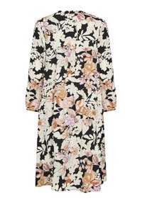 Gėlių suknelė juodu fonu, su rožinėmis ir kreminėmis gėlėmis. Ilgomis rankovėmis ir apvaliu iškirpimu, pagaminta iš lengvos medžiagos.