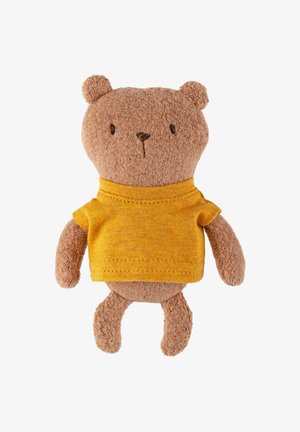 Brown plush bear wearing a short-sleeved yellow shirt, with stitched facial features and a soft, textured surface. Small rounded ears.